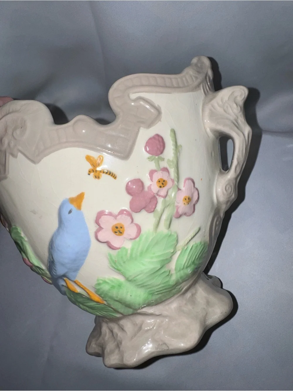 Vintage Large Hand-Painted Bird Planter Crackle Vase Blue Bird & Flowers